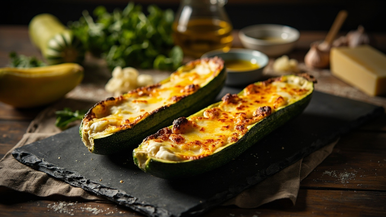Creamy Pesto Zucchini Boats