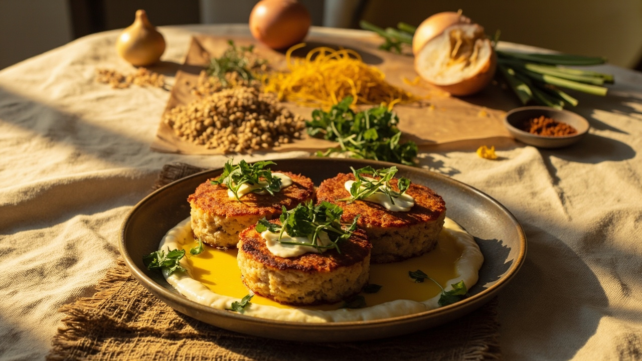 Crispy Buckwheat Rice Cakes with Saffron Yogurt and Herbs