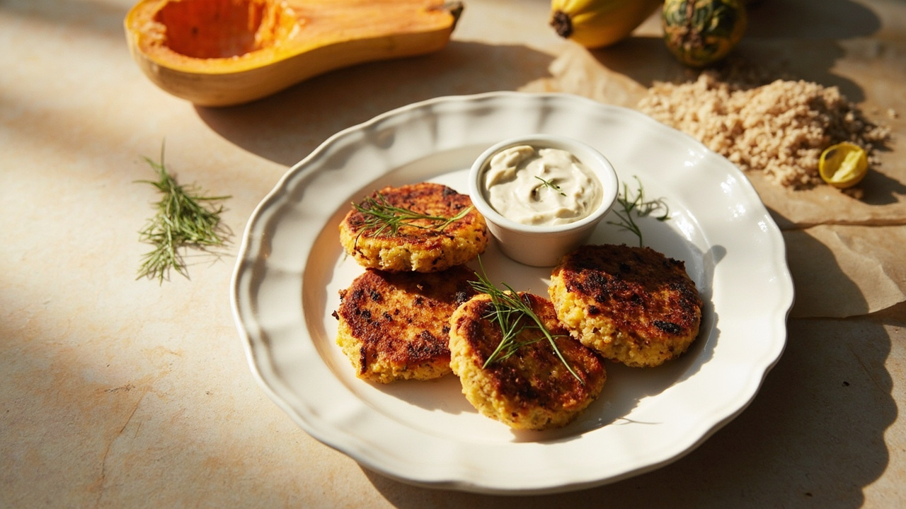 Crispy Butternut Squash and White Rice Cakes with Yogurt Dill Dip