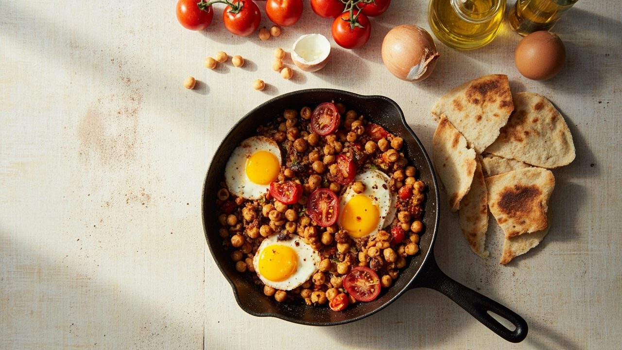 Crispy Chickpea and Tomato Hash with Eggs