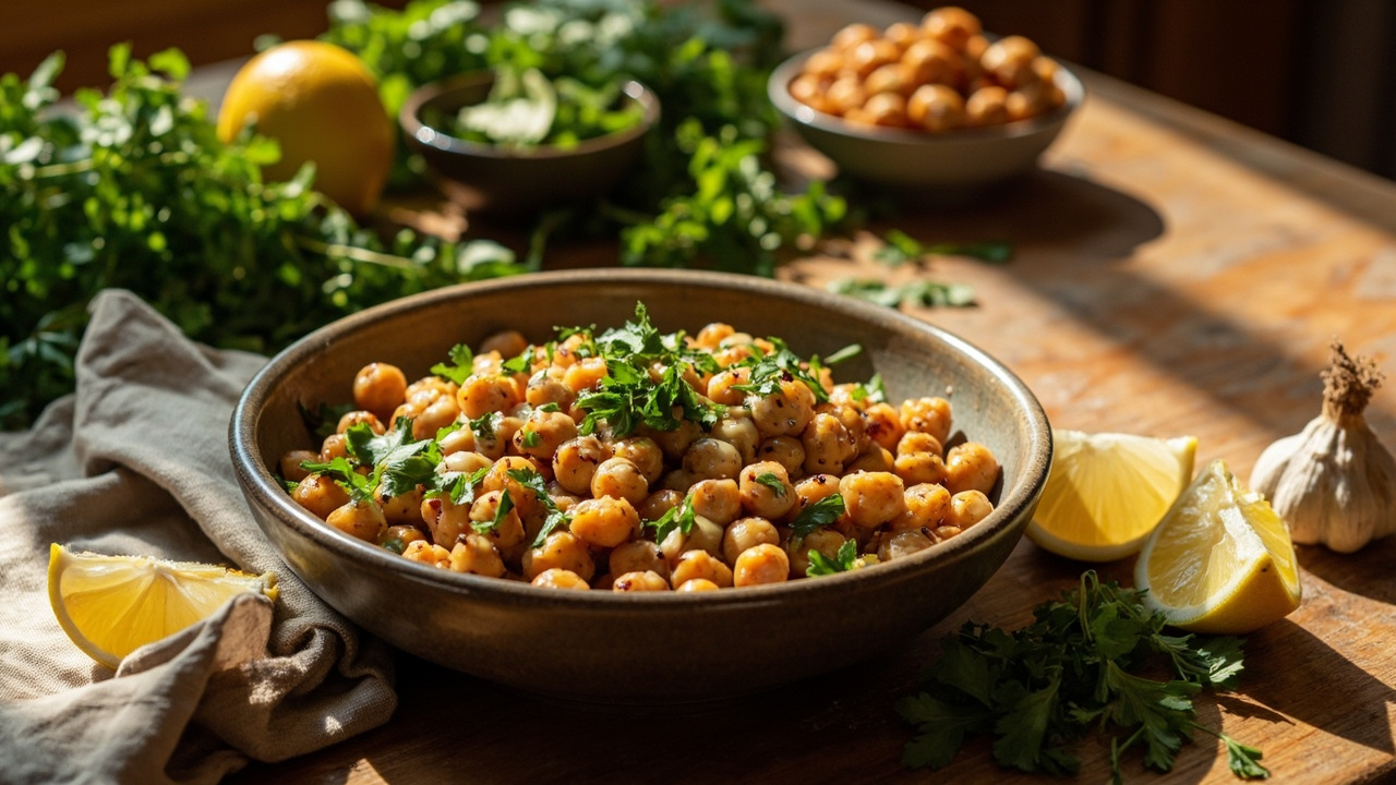 Crispy Chickpeas with Lemon, Herbs and Tahini Drizzle