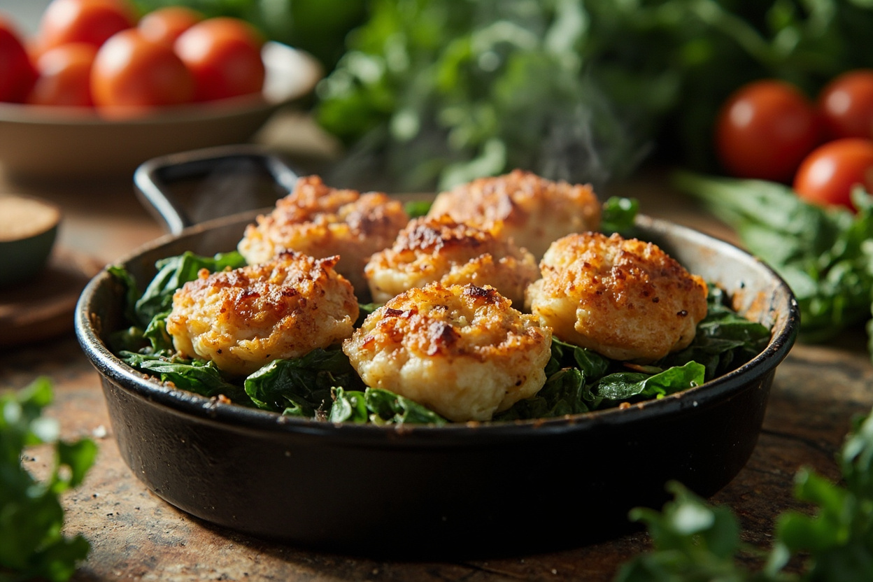 Crispy Dumpling and Spinach Bake