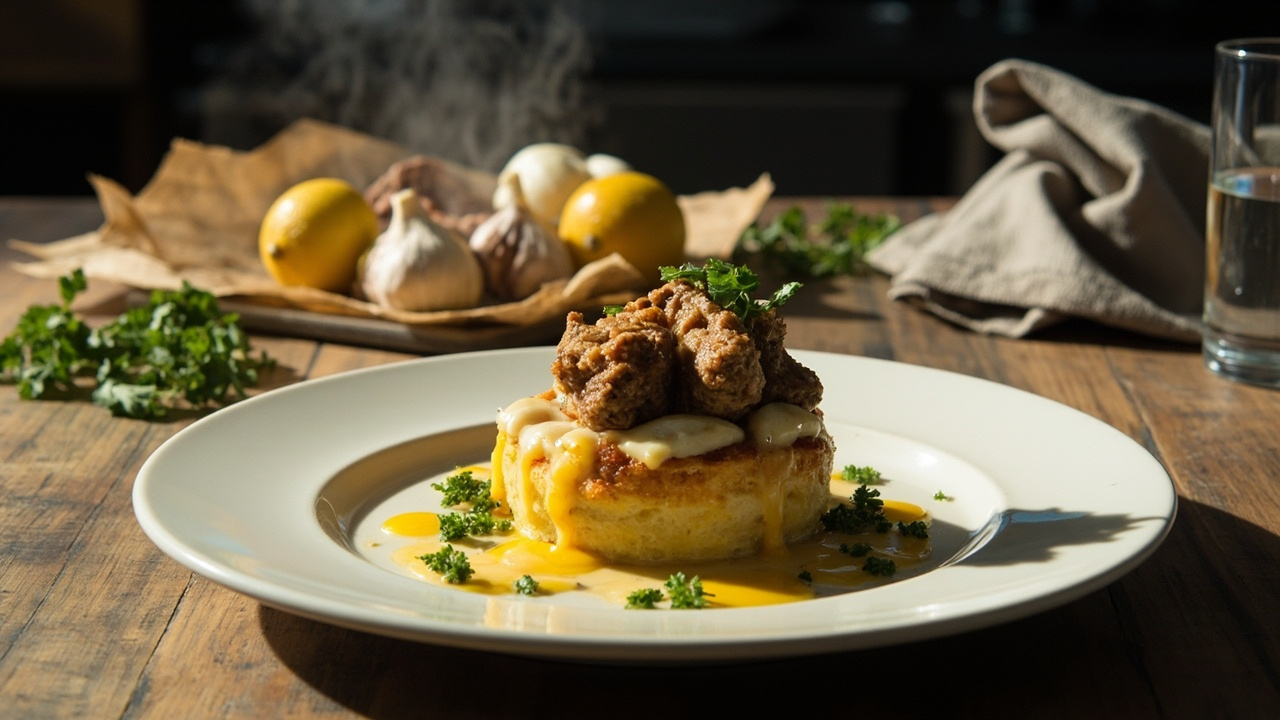 Crispy Garlic Lamb Bites over Lemon Potato Cake