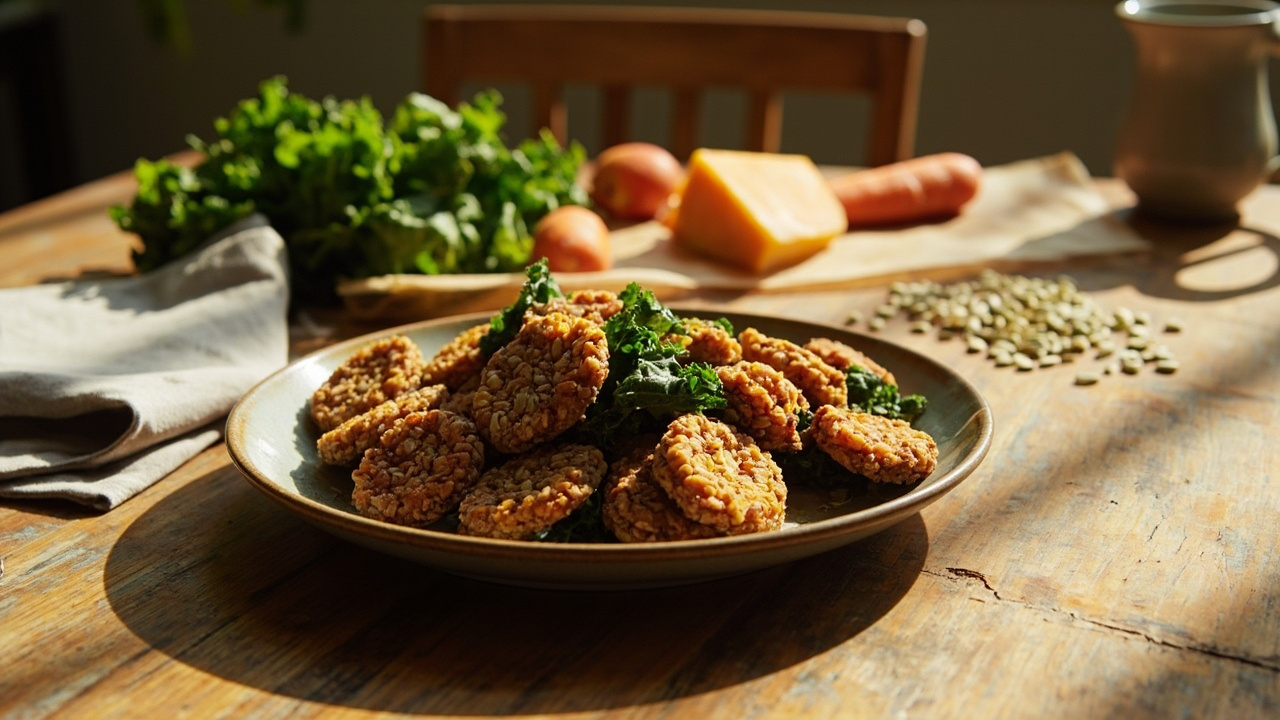 Crispy Kale and Cheddar Coins with Pumpkin Seed Dust