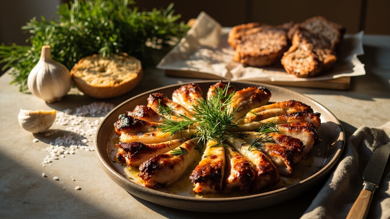 Crispy Pork Belly with Garlic and Dill