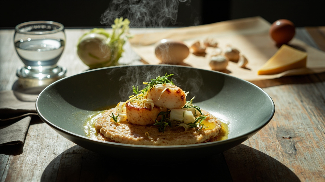 Crispy Scallop and Buckwheat Pancake with Fennel and Manchego