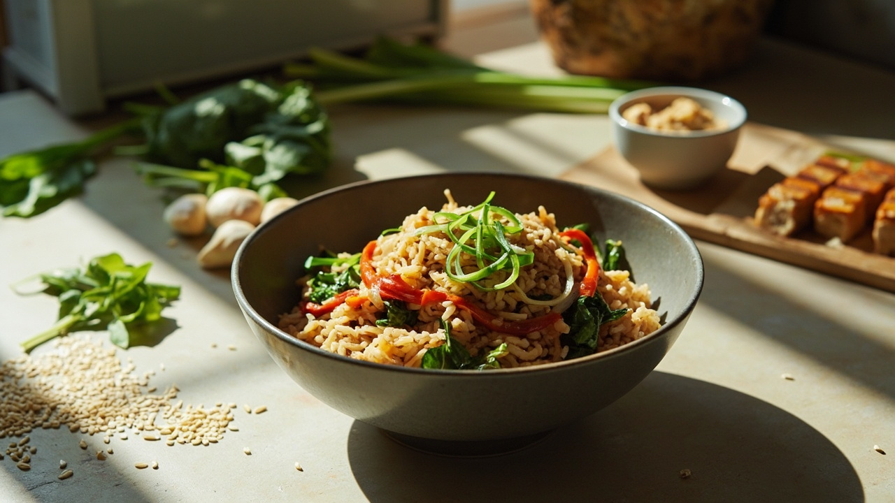 Crispy Sesame Rice Bowl with Spinach and Sriracha Mayo