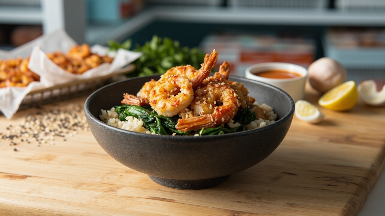 Crispy Sesame Shrimp Over Spinach and White Rice with Spicy Sriracha-Lemon Dip
