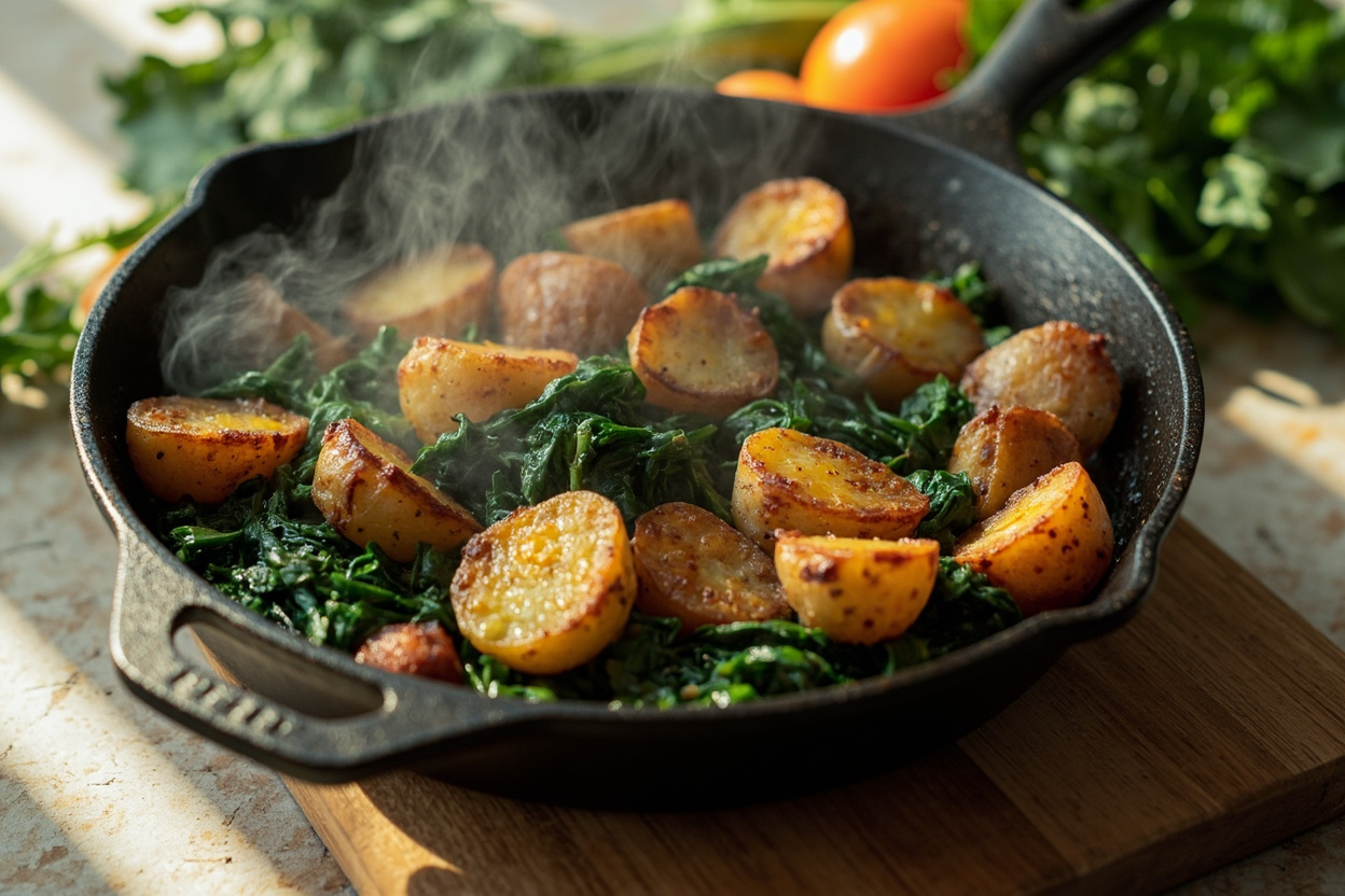 Crispy Skillet Potatoes with Spinach