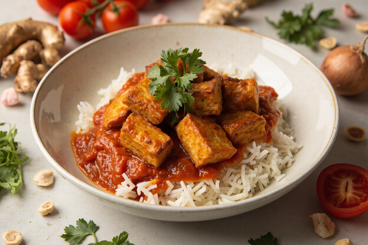 Crispy Tofu in Spiced Tomato Sauce over Rice