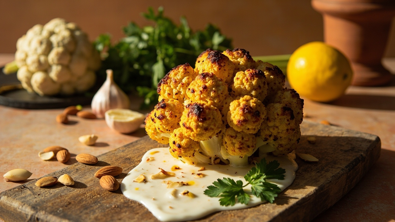 Cumin and Turmeric Roasted Cauliflower with Almonds and Yogurt