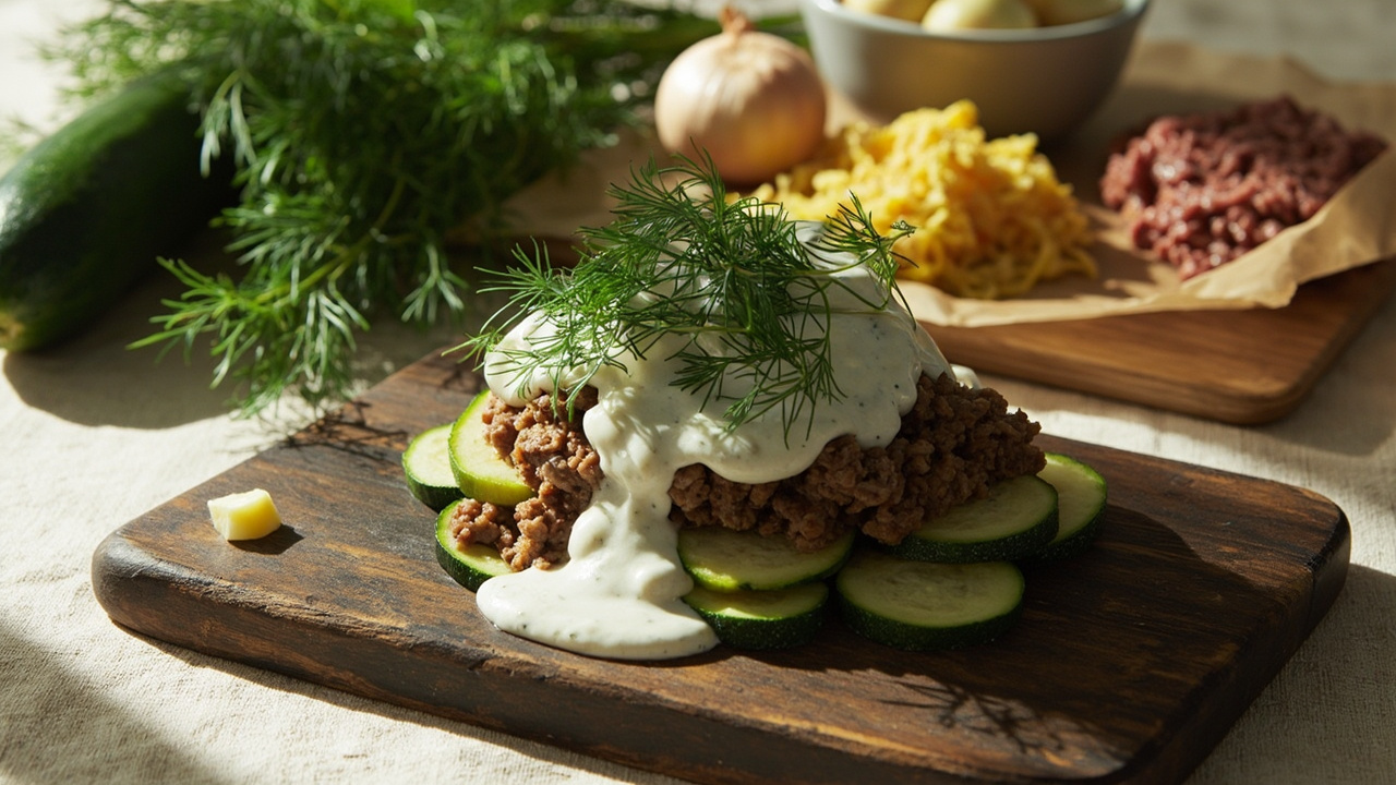 Dill Yogurt Sauce over Pan-Seared Ground Beef and Zucchini