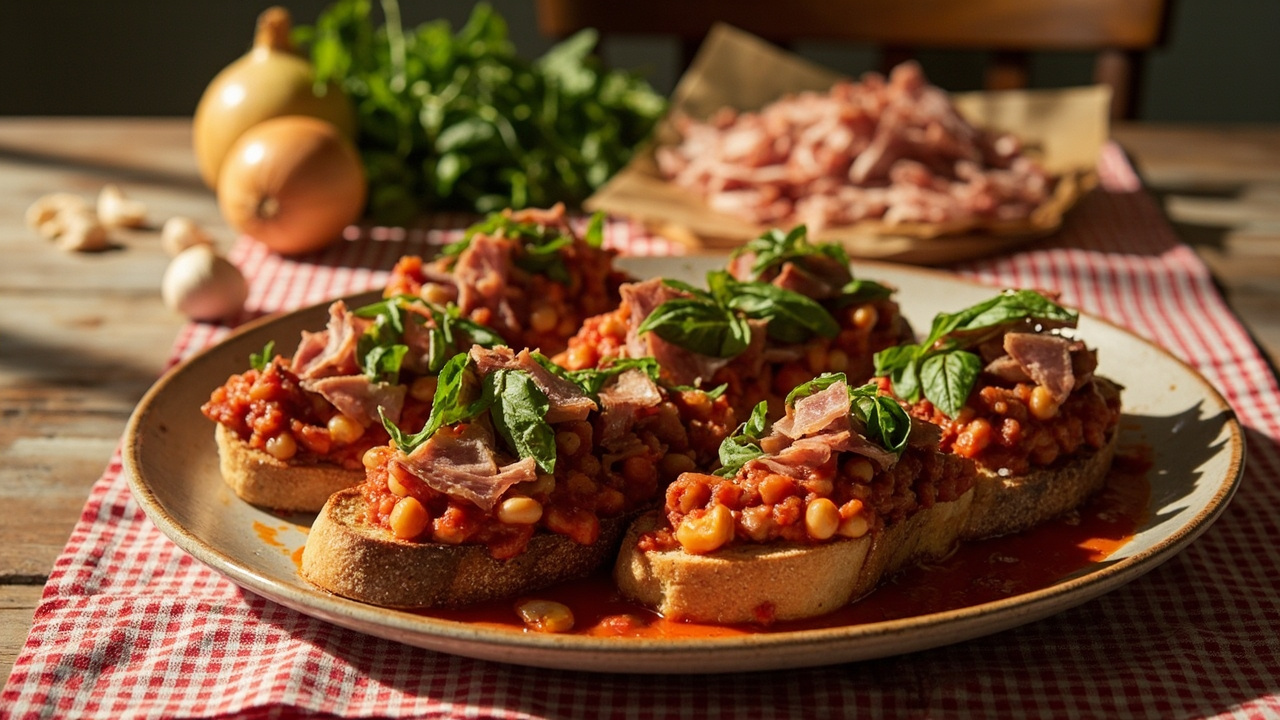 Dom's Savory Pinto Bean Bruschetta with Pancetta and Garlic