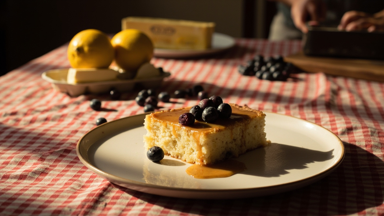 Dom's Skillet Cornmeal Blueberry Cake with Brown Butter Drizzle