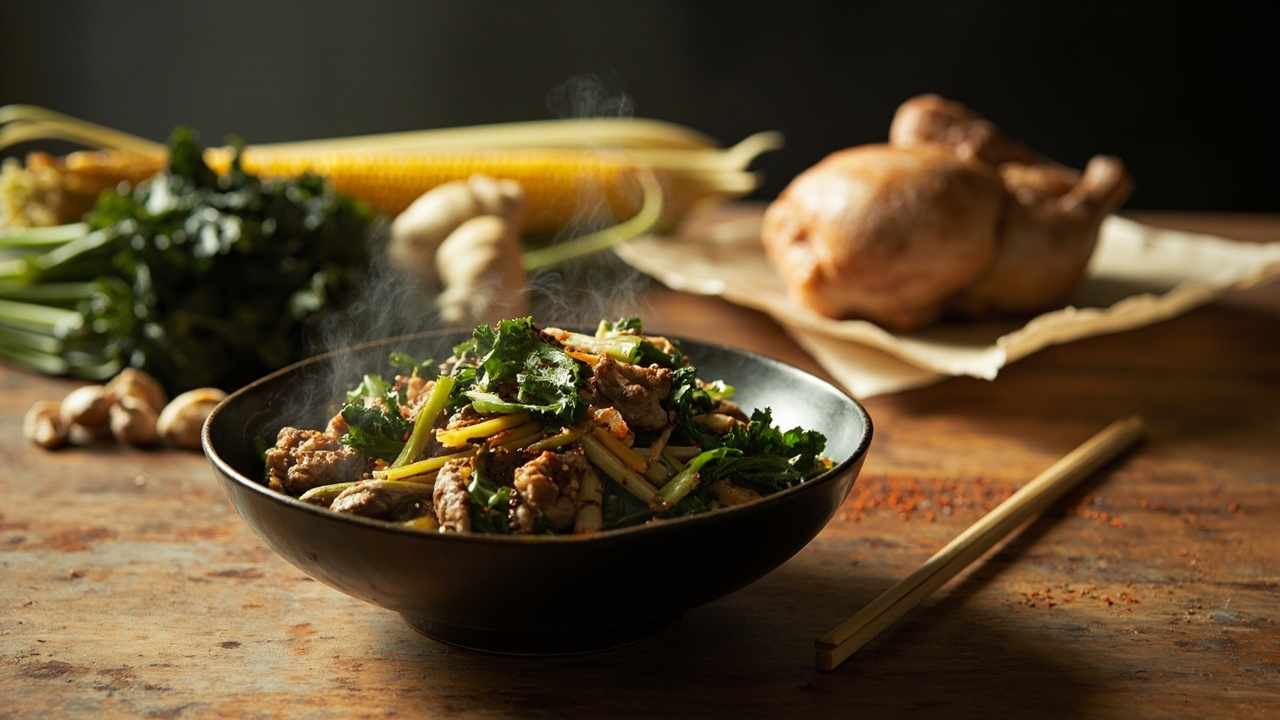 Dry Wok Chicken with Kale and Corn