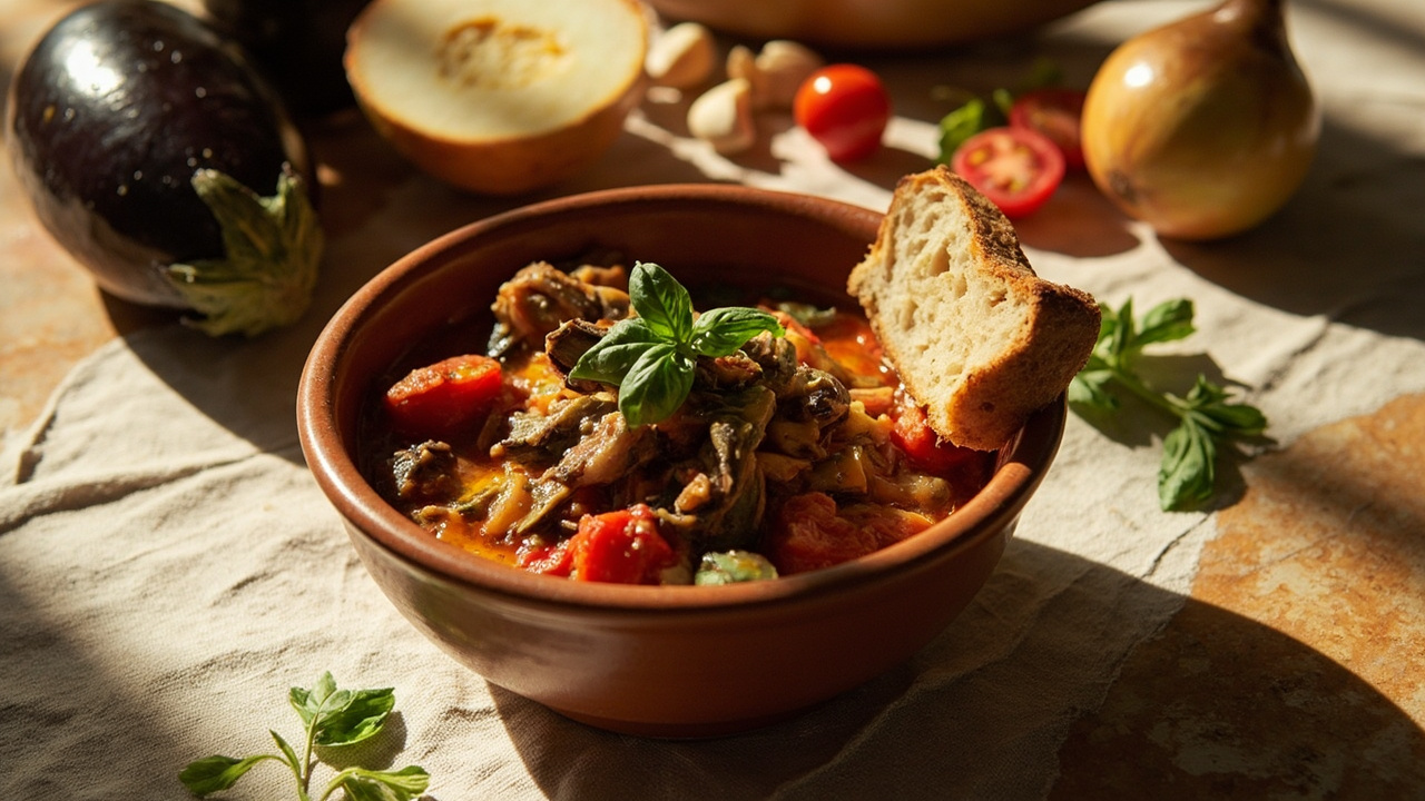 Eggplant and Tomato Stewed with Anchovies