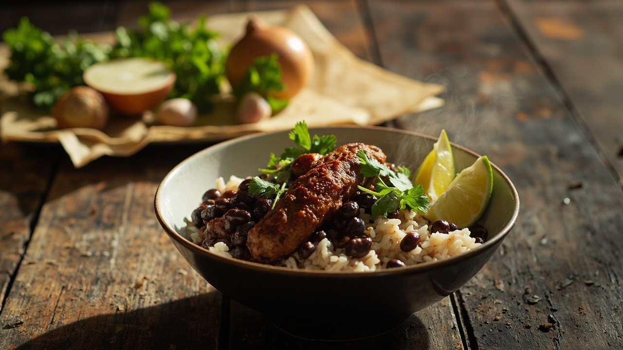 Feijoada Rice Bowl with Crispy Sausage and Lime