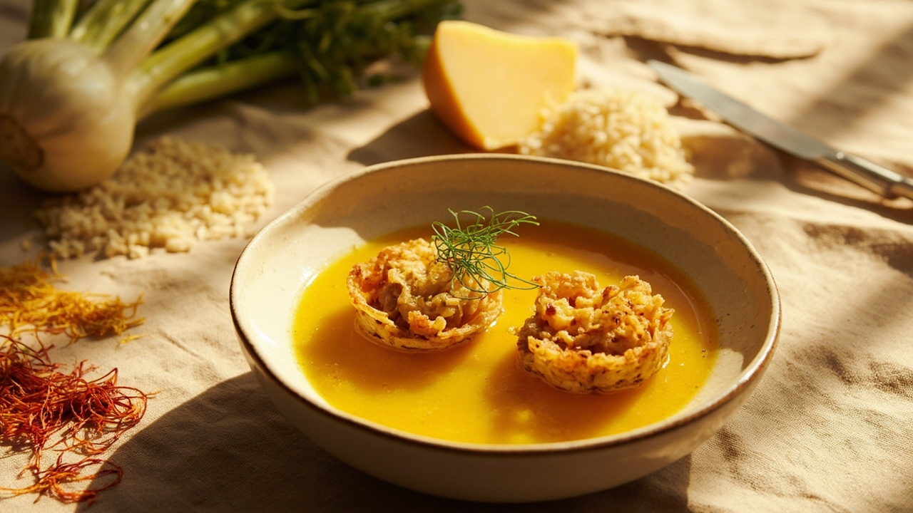 Fennel and Manchego Stuffed Rice Cups with Saffron Broth
