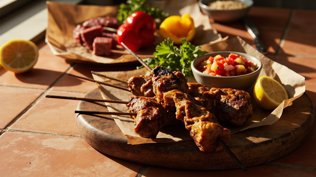Fennel Seed–Rubbed Beef Steak Skewers with Bell Pepper Salsa