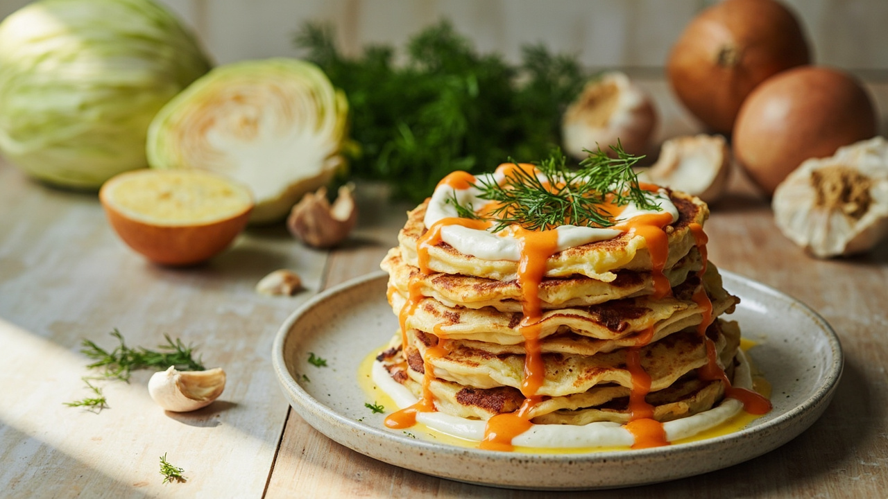 Feta and Cabbage Savory Pancakes with Paprika Yogurt