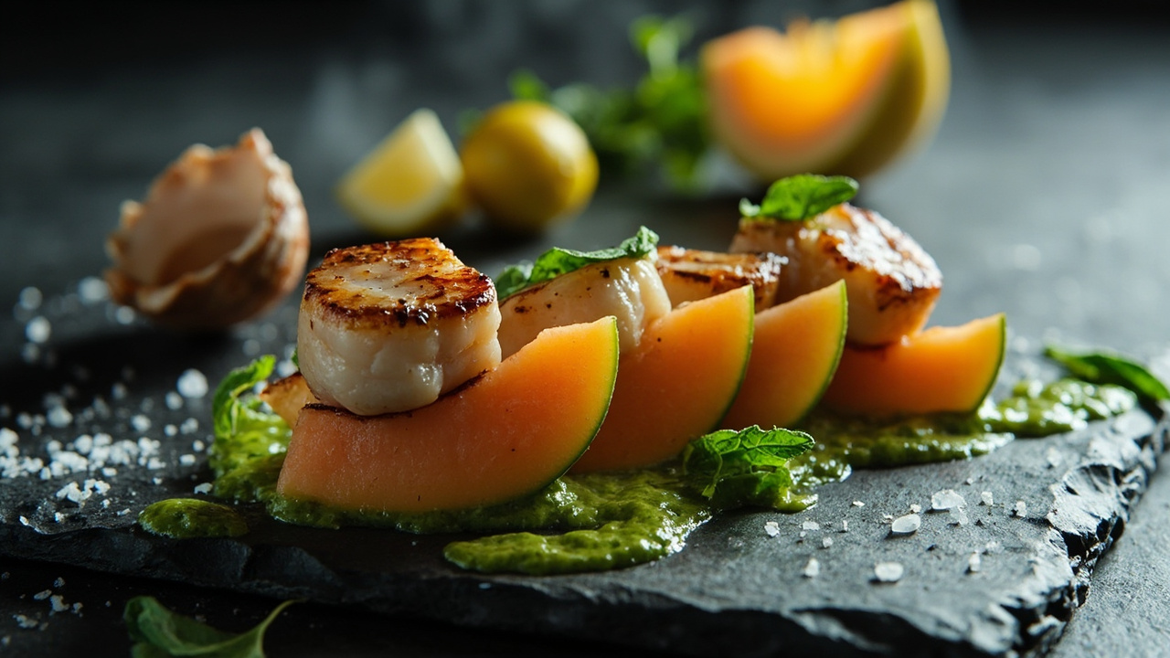 Fire-Blistered Scallop Bites with Cantaloupe and Mint