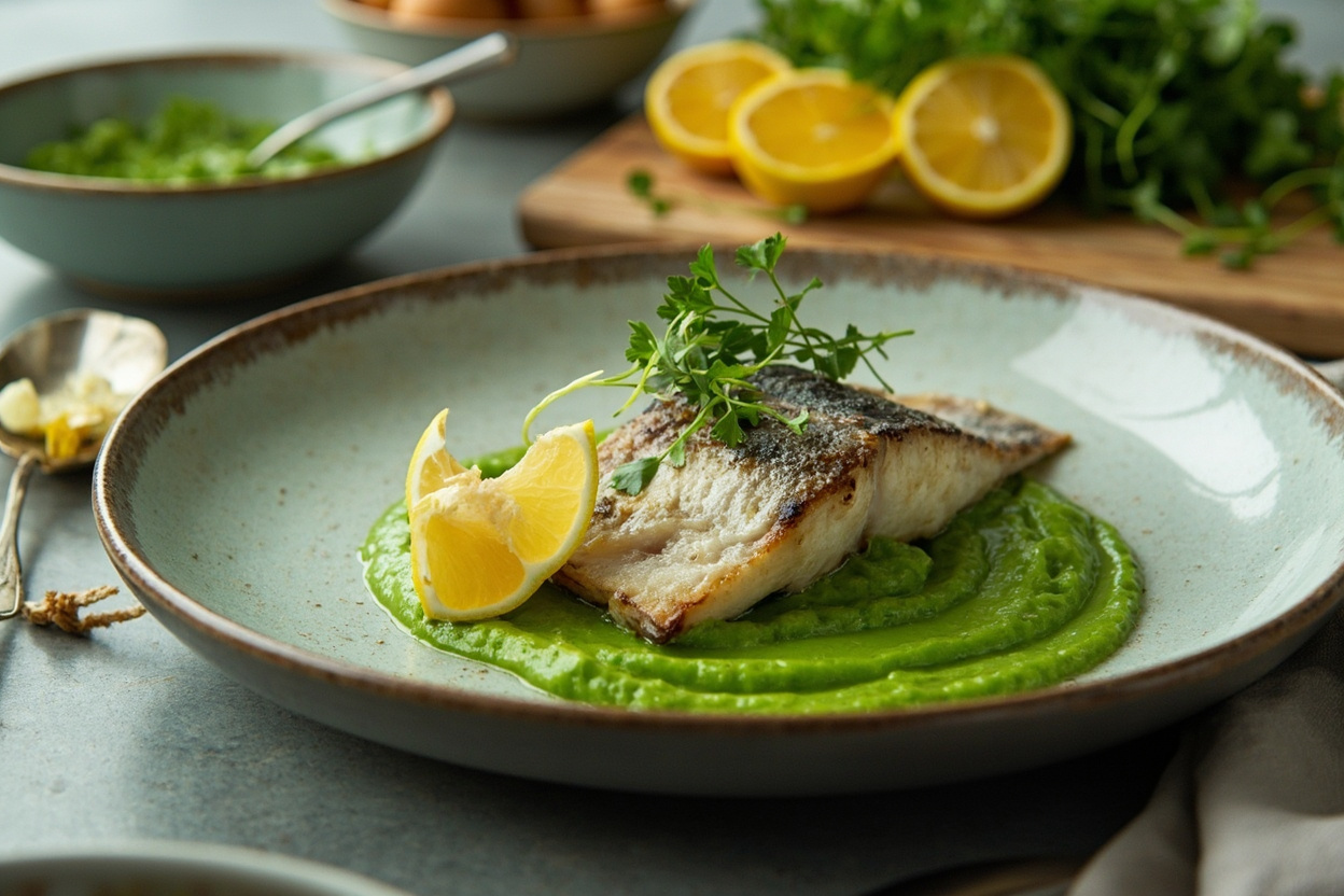 Frozen Fish with Lemon and Pea Purée
