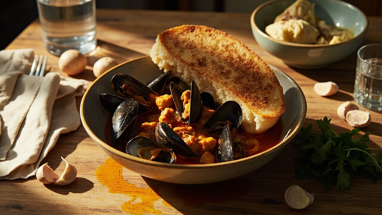 Garlic and Paprika Mussels on Crusty Bread