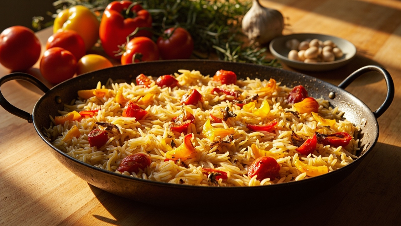 Garlic and Saffron Rice with Roasted Bell Peppers and Tomatoes