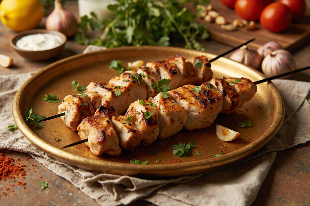 Garlic Lemon Shish Tawook Skewers