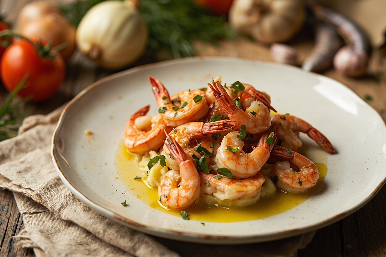 Garlic shrimp over soft potatoes