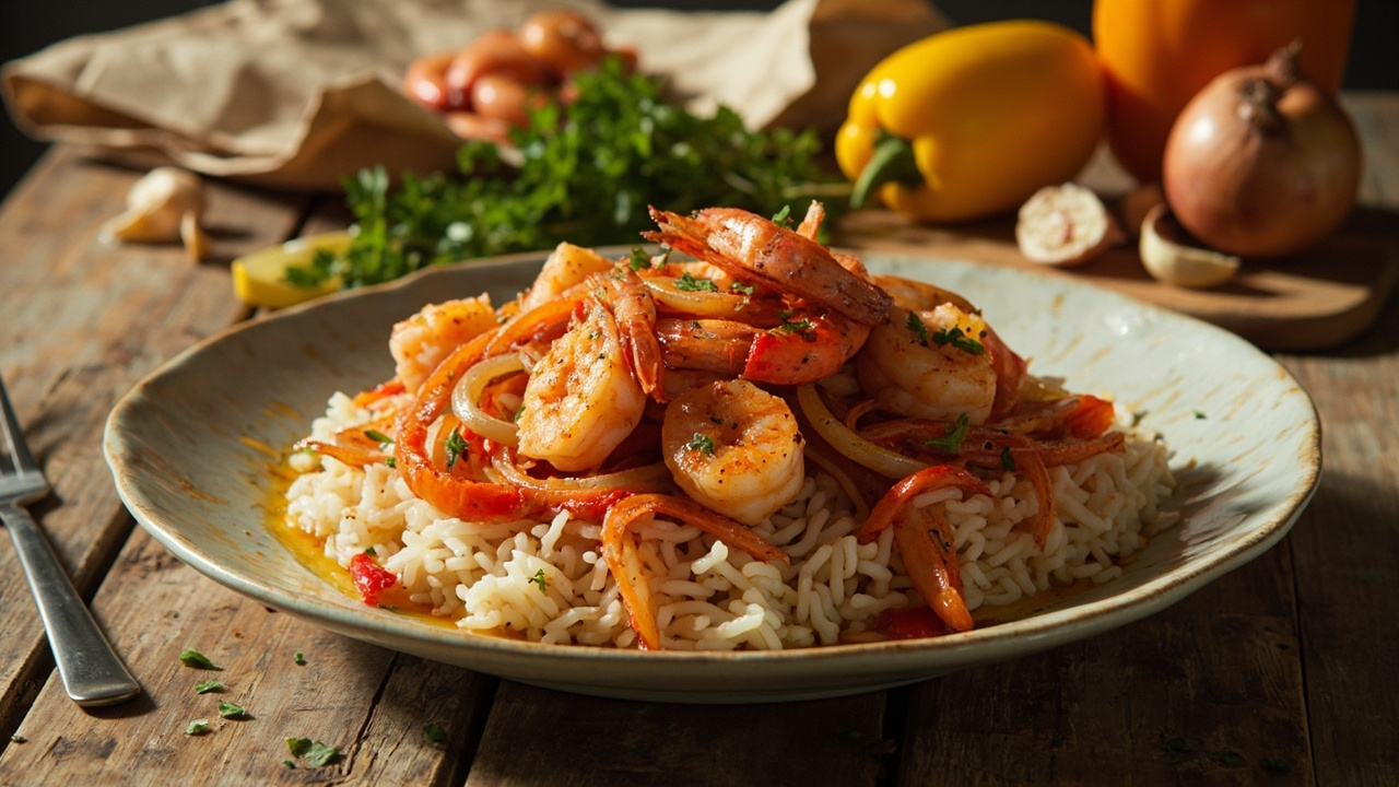 Garlic Shrimp with Bell Pepper and Paprika over Rice