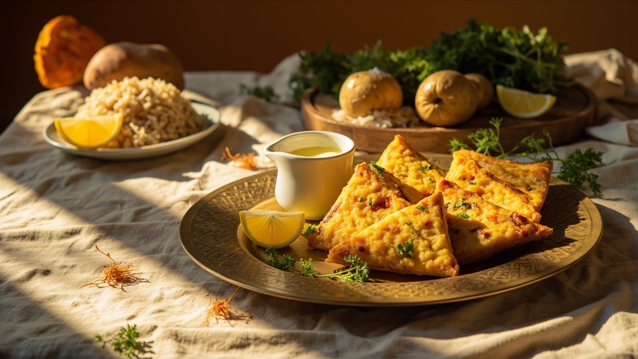 Golden Tahdig Triangles with Butternut Squash and Saffron Yogurt