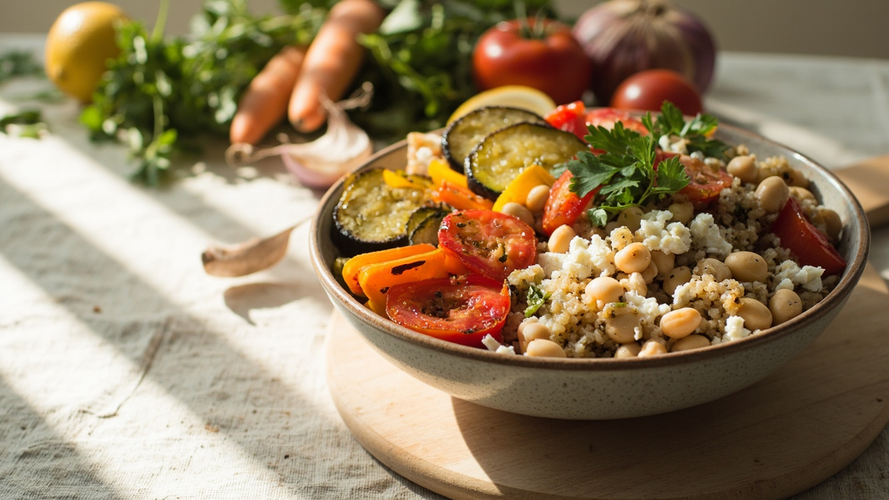 Greek Vinaigrette Roasted Vegetable Bowls with White Beans