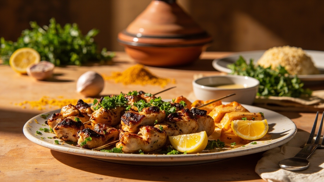 Grilled Chicken Skewers with Saffron-Honey Marinade