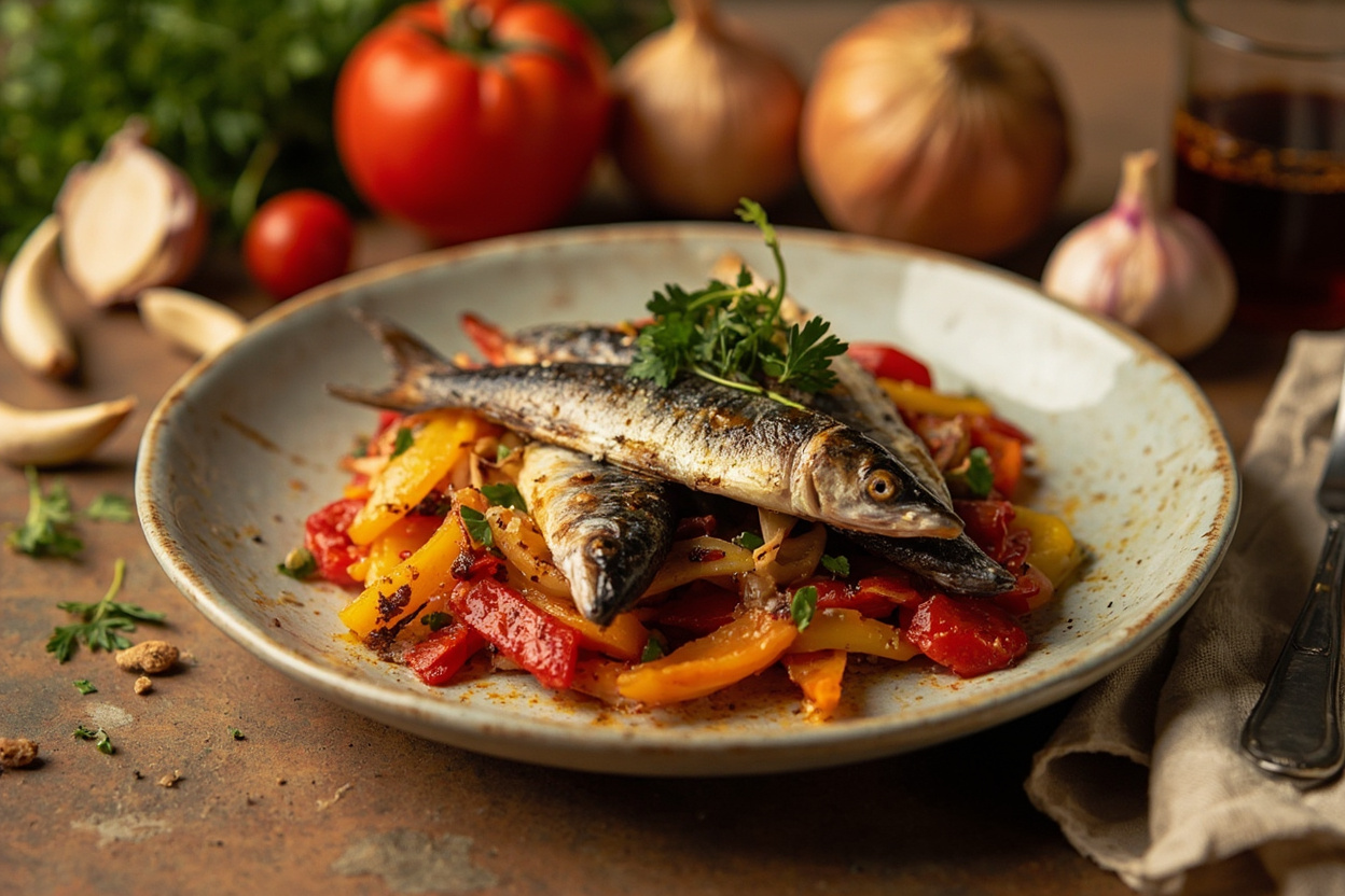 Grilled Sardines over Roasted Pepper Salad