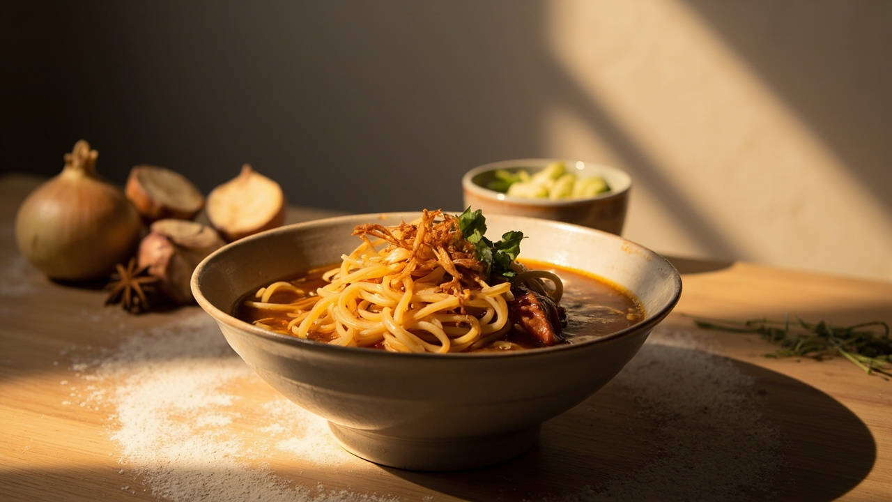 Hand-Pulled Noodles with Silky Pork Broth and Crispy Shallots