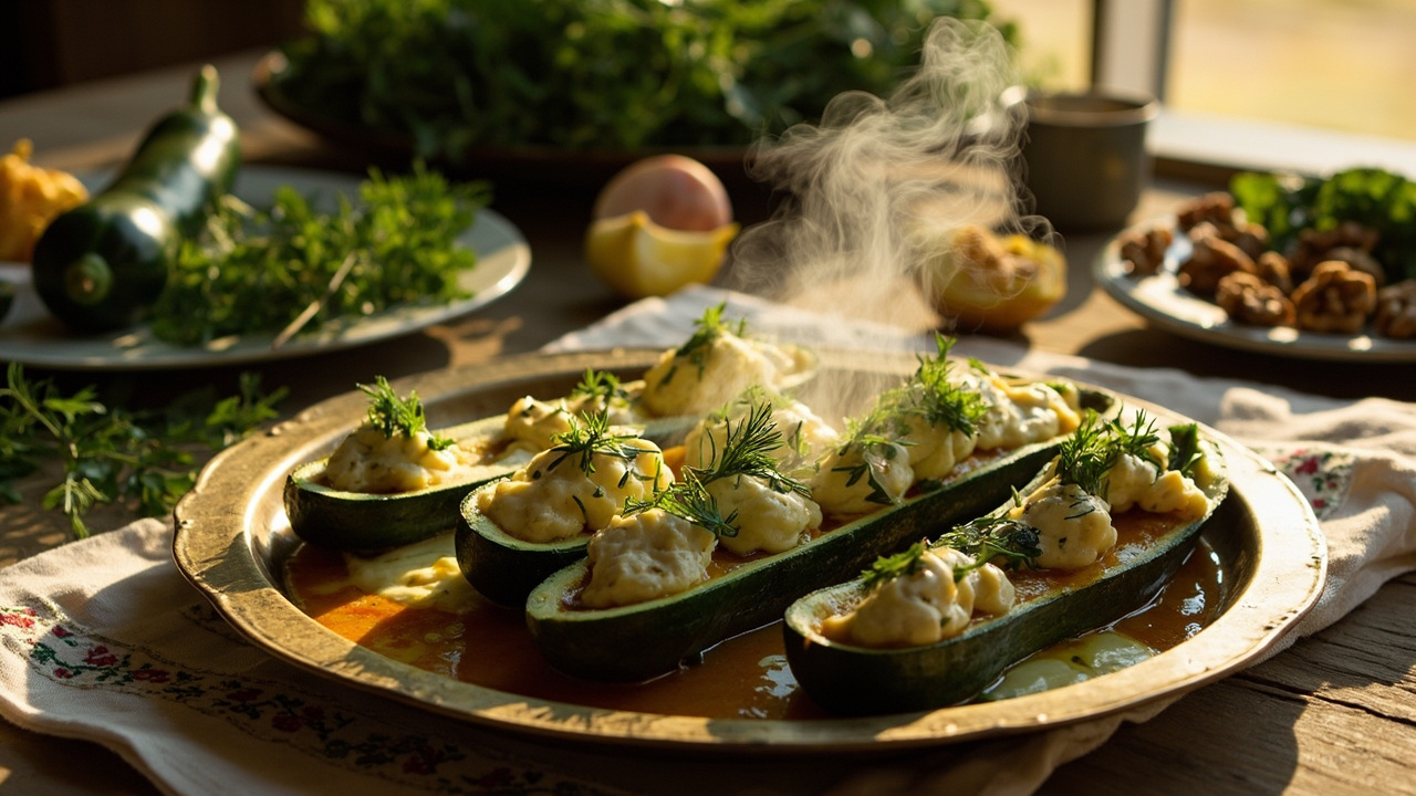 Herb and Walnut Stuffed Zucchini with Saffron Yogurt