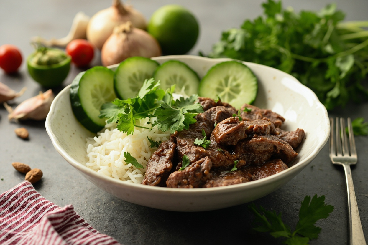 Herby Beef and Cucumber Rice Bowl
