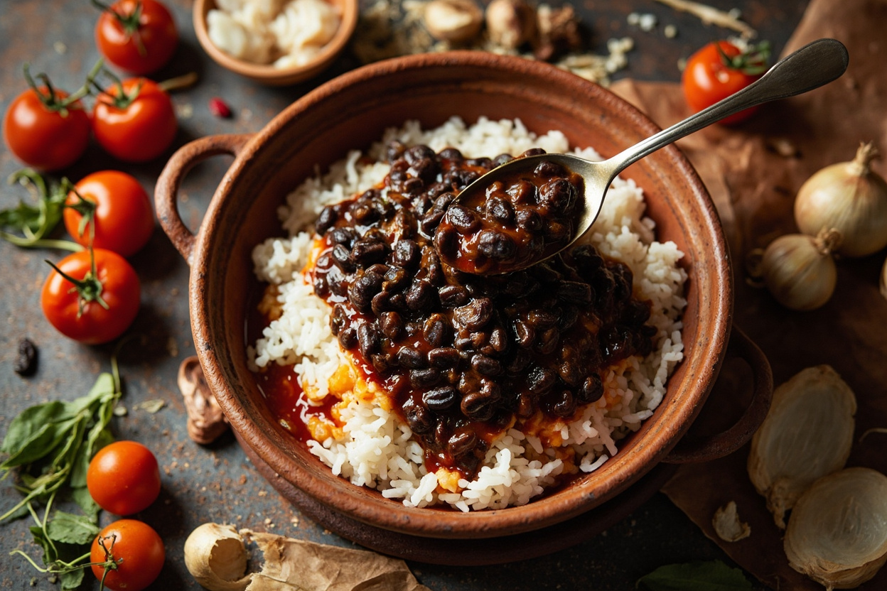 Hogao Black Beans Spooned over Rice