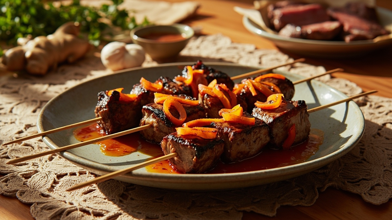 Hot Sriracha Beef Skewers with Charred Ginger