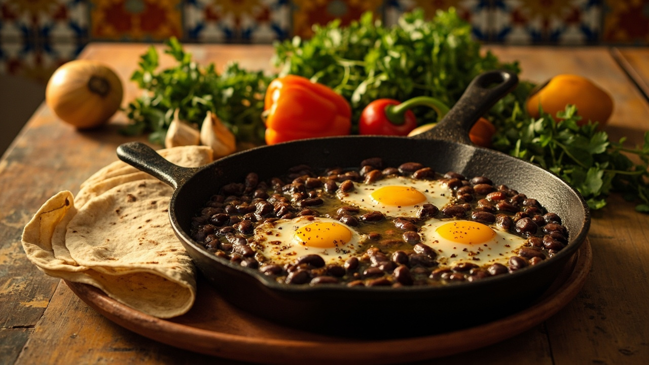 Huevos y Frijoles Negros en Sartén con Especias