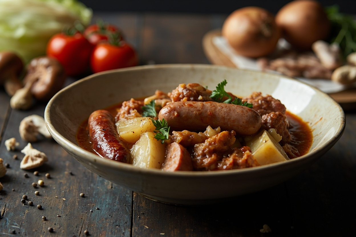 Hunter's Sausage, Cabbage and Mushroom Stew