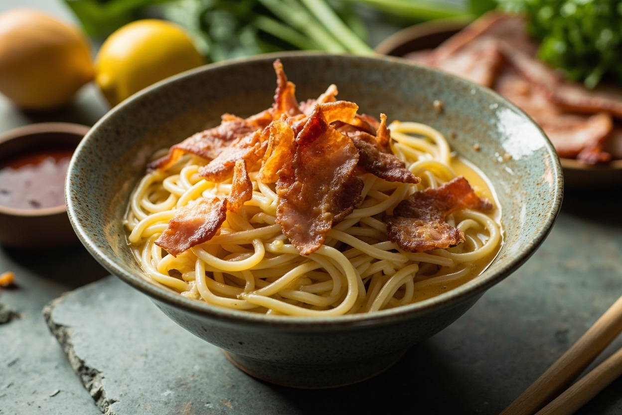 Instant Ramen Carbonara with Bacon