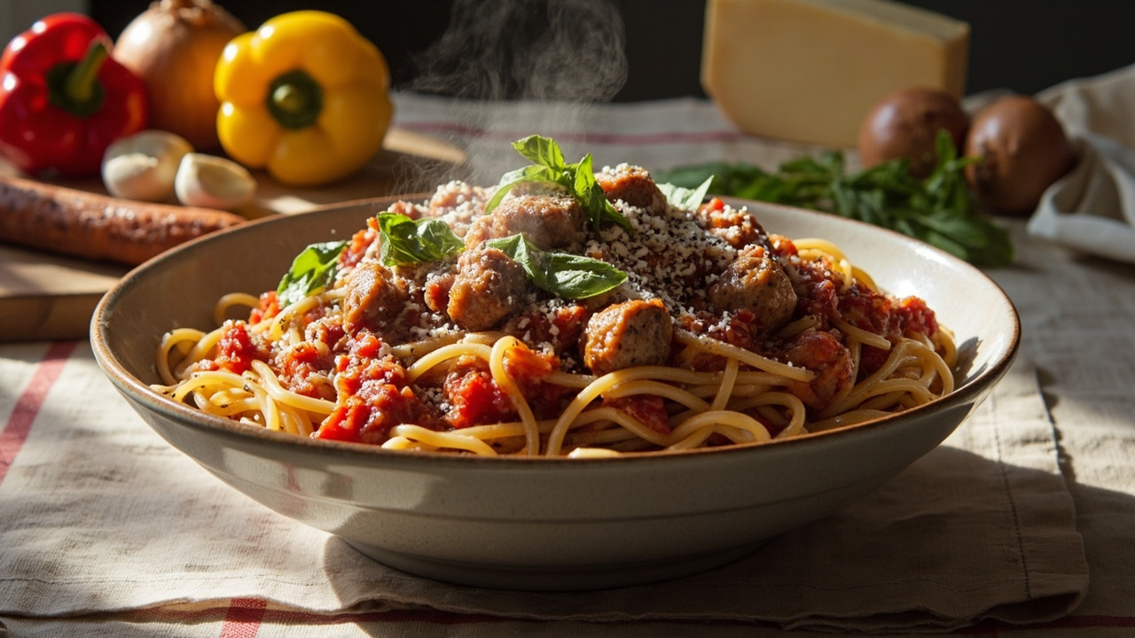 Italian-American Sausage and Peppers Over Pasta