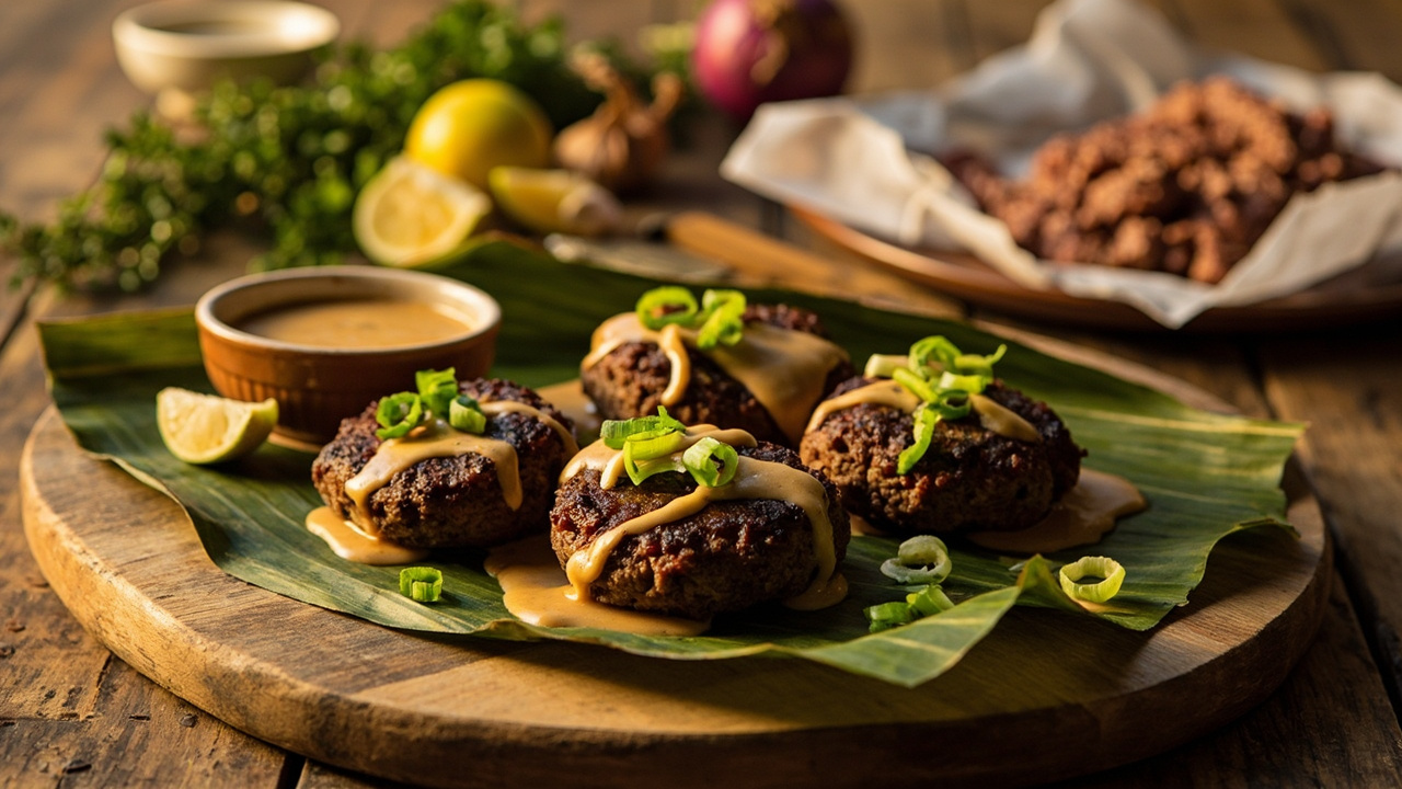 Jerk Beef Patties with Peanut Lime Sauce