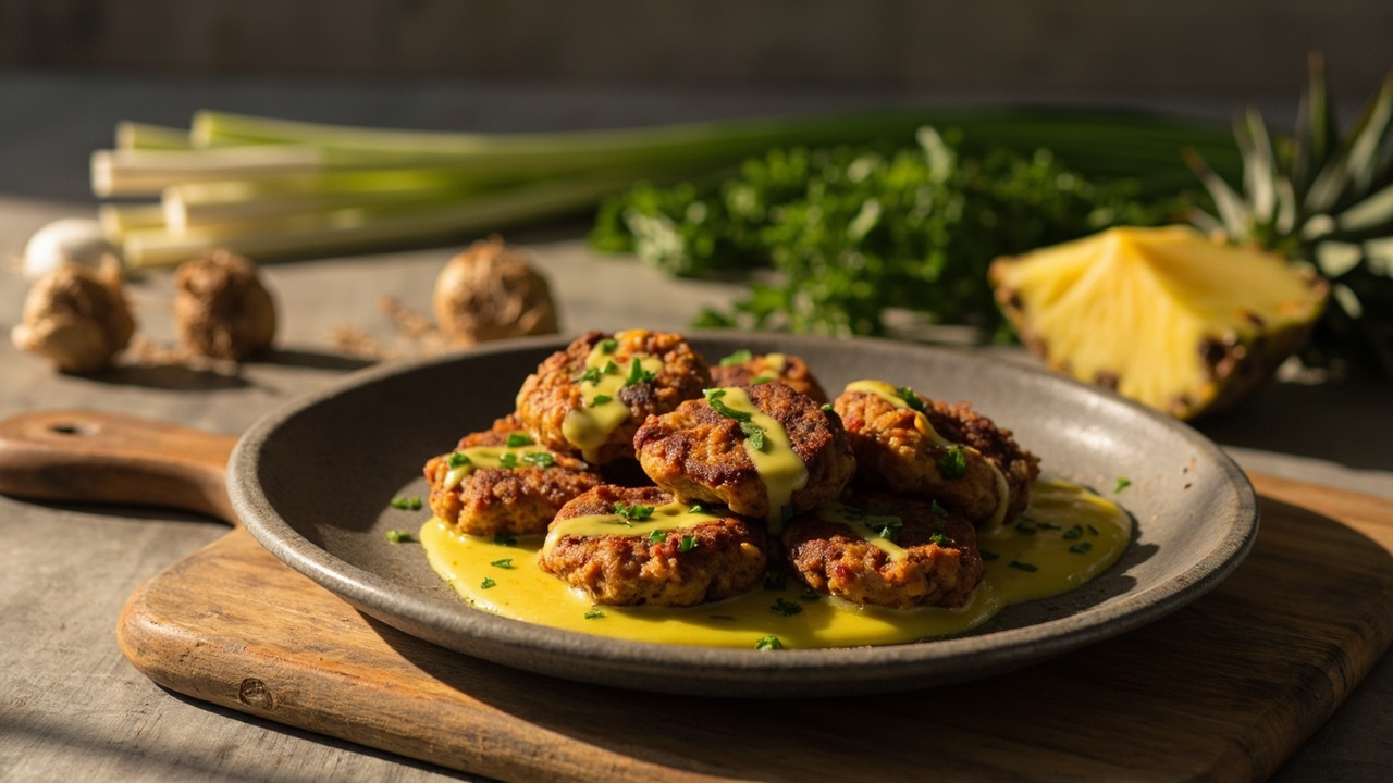 Jerk Black-Eyed Pea Fritters with Pineapple Cilantro Drizzle