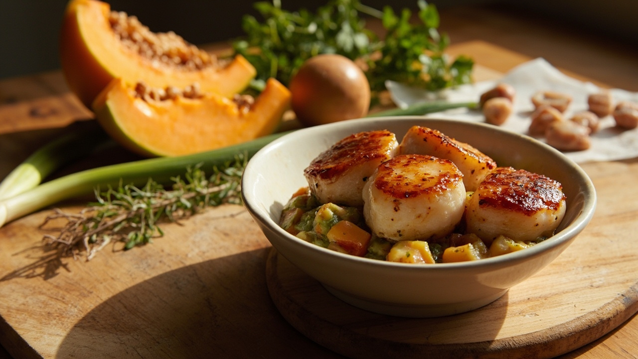 Jerk Glazed Scallops with Cantaloupe Salsa Verde