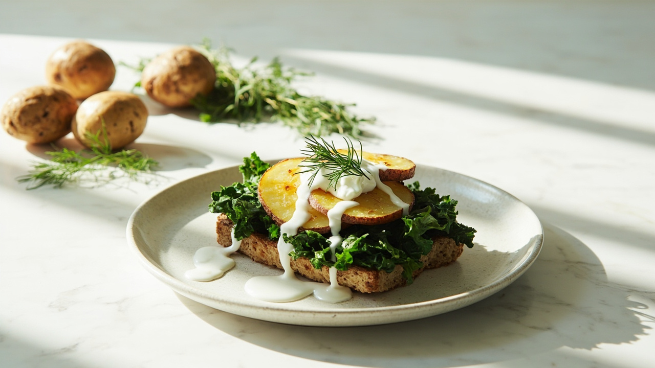 Kale and Potato Open-Faced Sandwich with Sour Cream and Dill