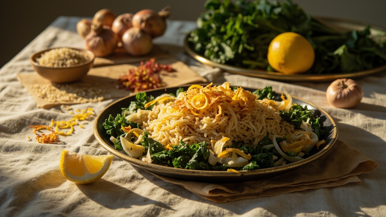 Kale and Saffron Rice with Crispy Shallots