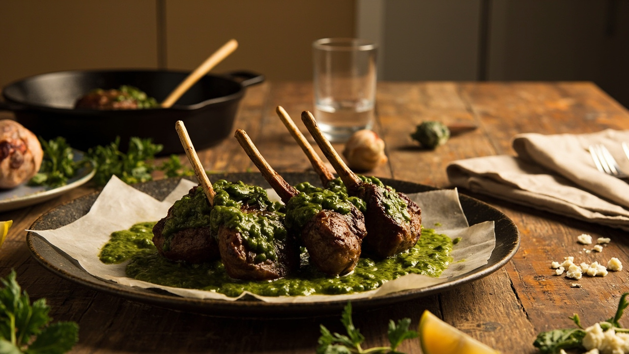 Lamb Chop Lollipops with Mint Feta Chimichurri
